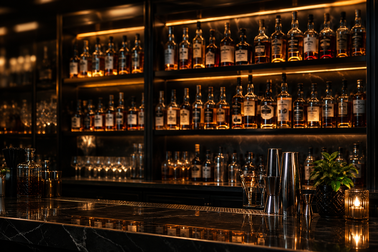 Backlit bar shelves lined with whiskey bottles behind a marble bar counter